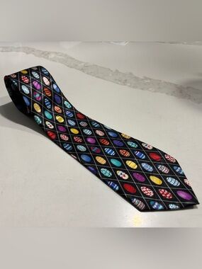 Fratello Easter Egg Tie Handmade Black Multi-Color Eggs Diamond Pattern